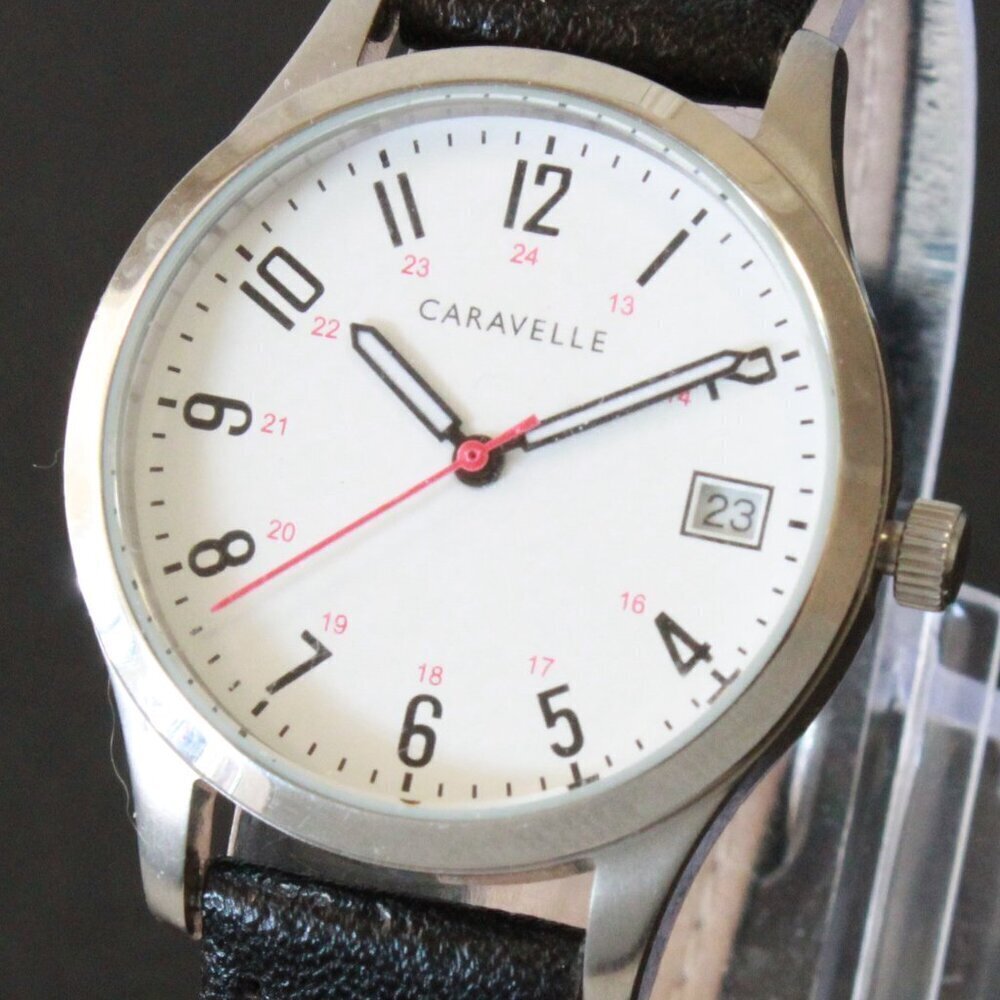 Caravelle Ladies Easy Reader By Bulova Black On White Dial Black Leather 30mm - Picture 10 of 10